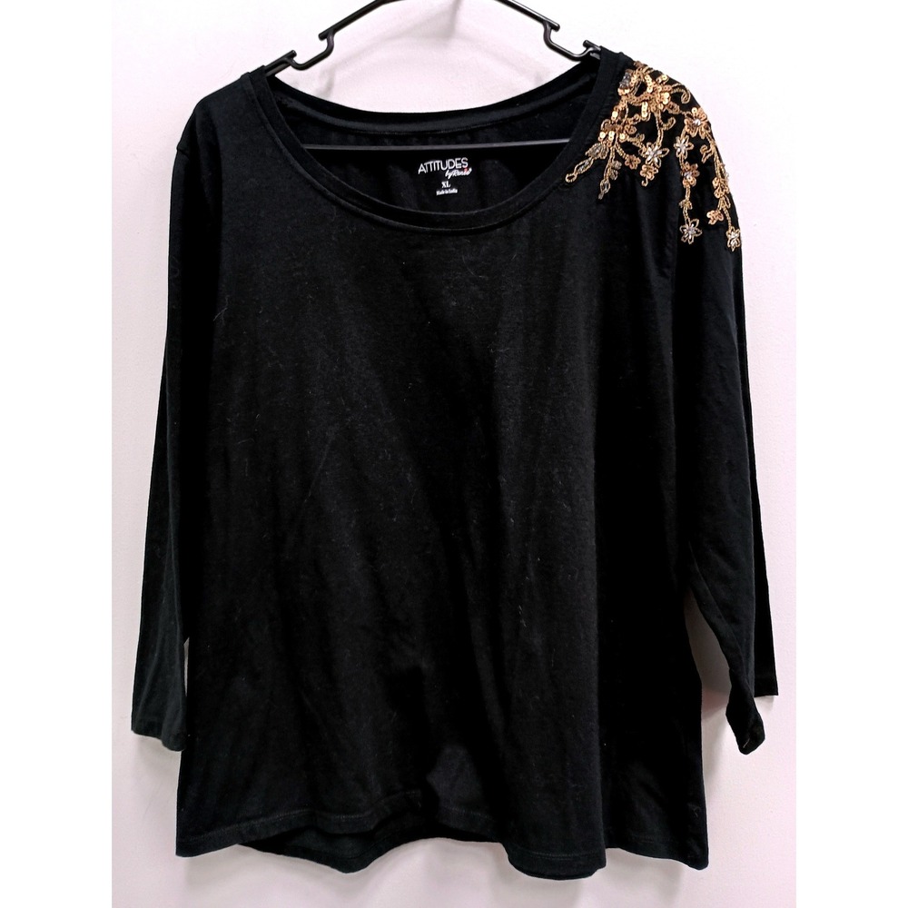Attitudes by Renee Top Womens XL Black Sequin Floral Shoulder 3/4 Sleeve Cotton